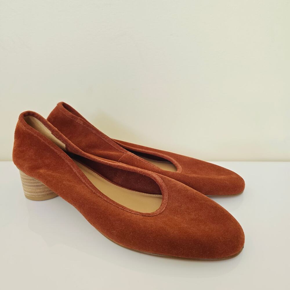 Anthropologie Soludos Juliette Pumps Stacked Heel Suede Round Toe Rust Orange 11 - Picture 4 of 12